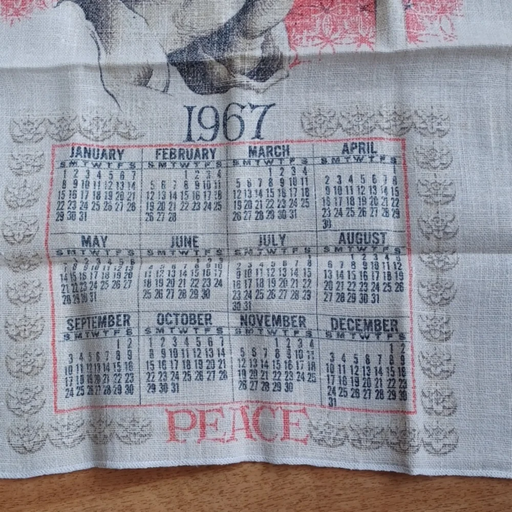 Calendar towel 1967 vintage kitchen Linens